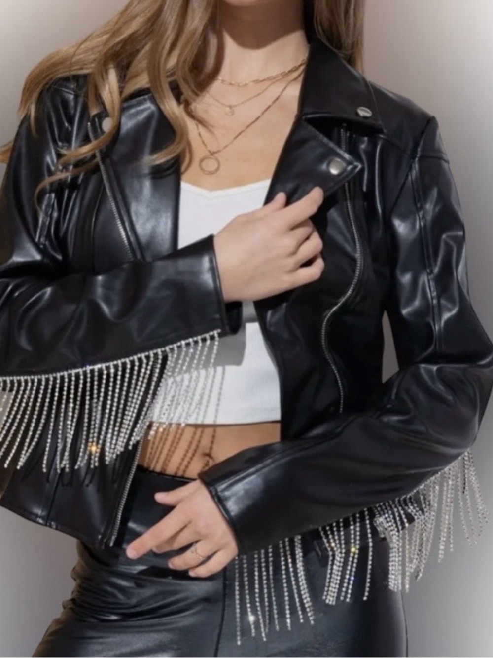 Black Faux Leather Fringe Jacket with Crystal Fringe! Perfect Nashville jacket